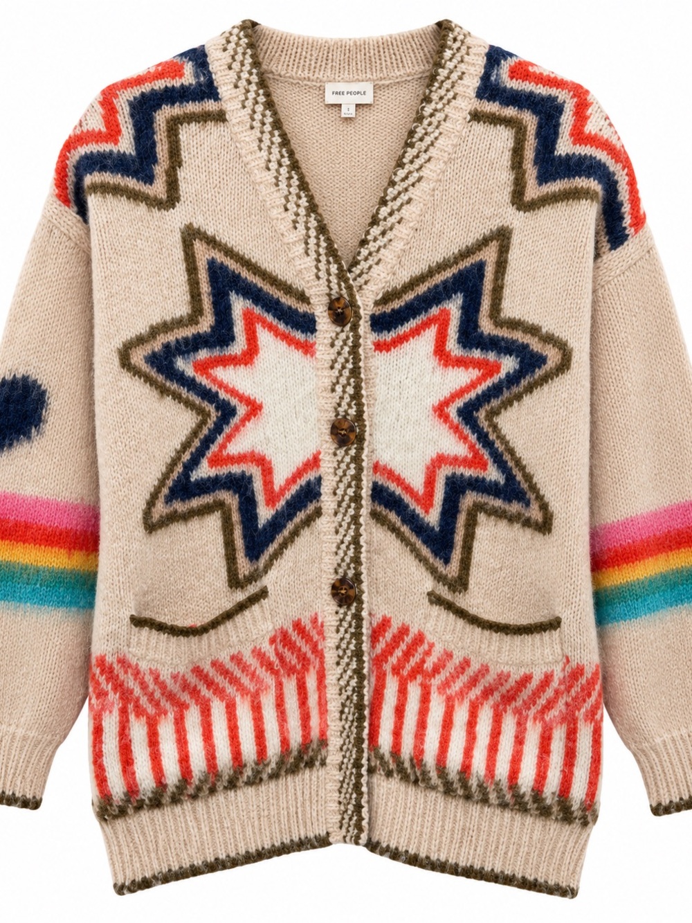 Free People Beige Star Intarsia Kids Cardigan with Rainbow Accents